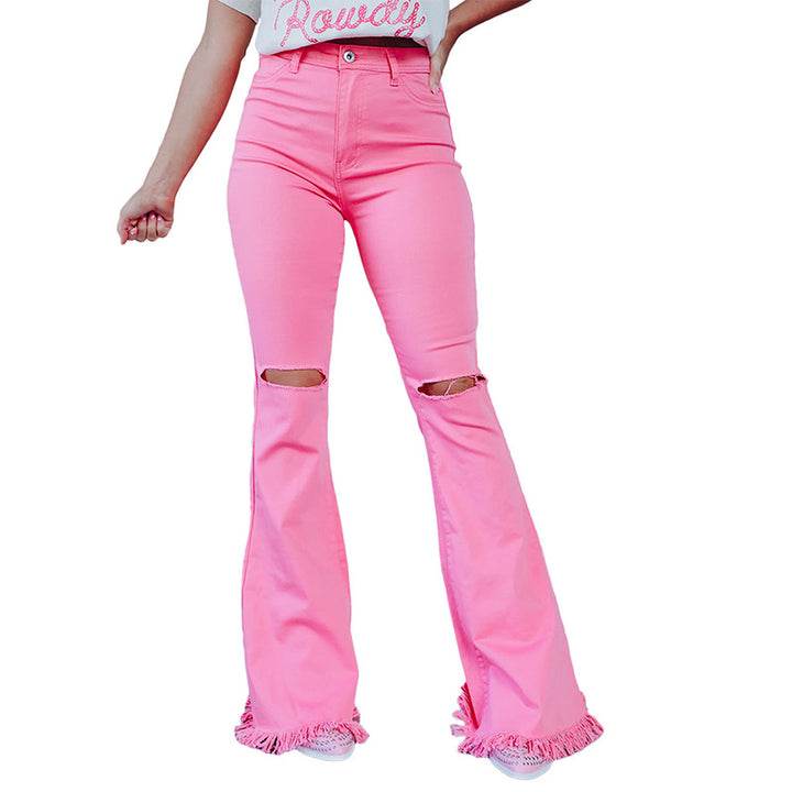 Ripped Bell-bottom Fashion Solid Color High Waist Slimming Pants - Super Amazing Store