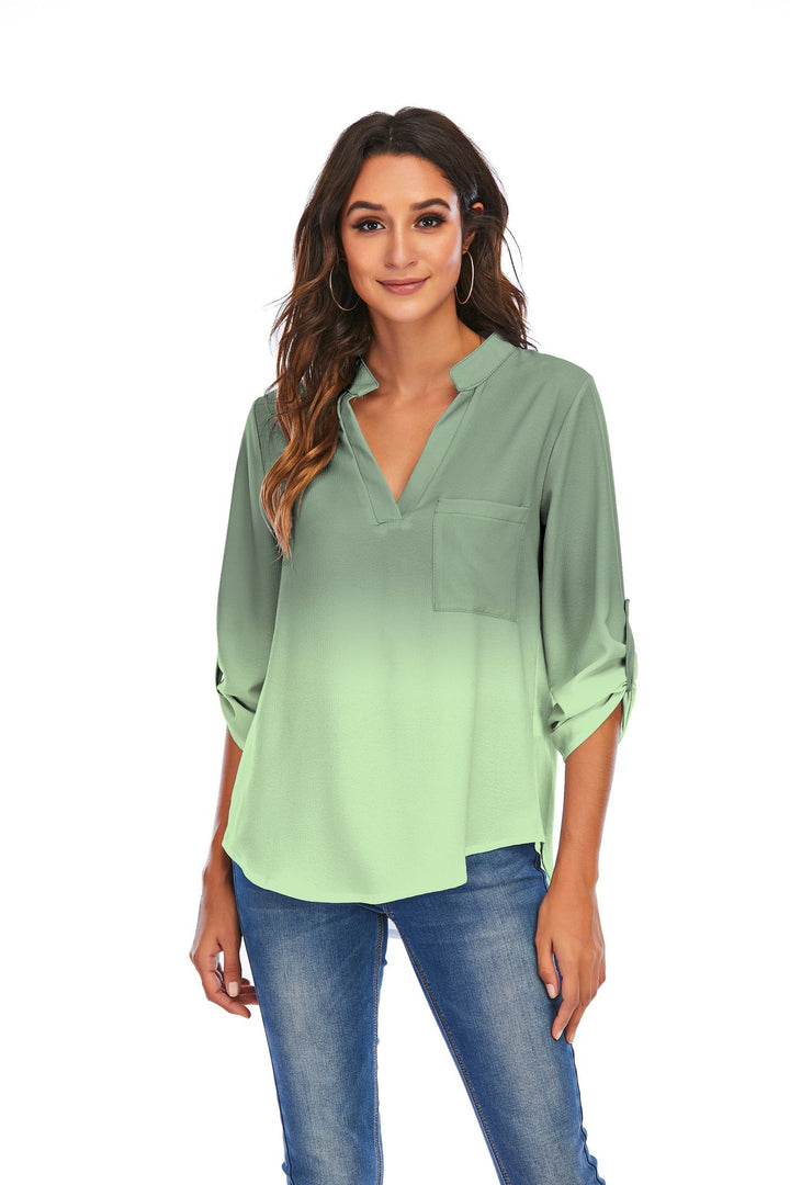 Print Gradient Blouses Women V-Neck Pockets Loose Shirts - Super Amazing Store