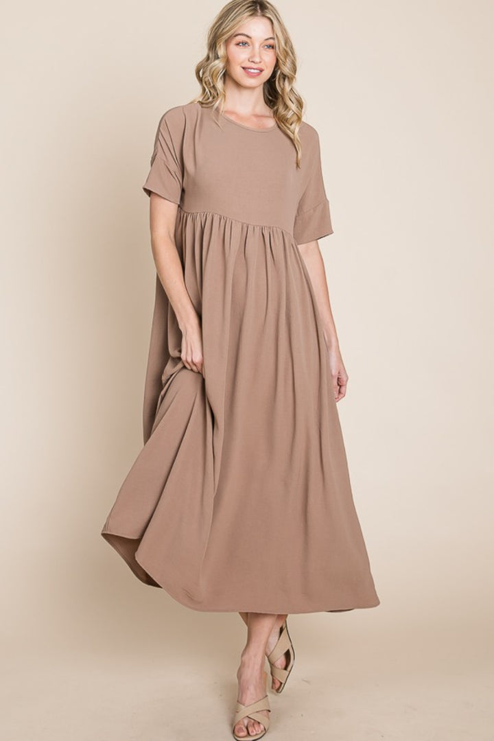 BOMBOM Round Neck Ruched Midi Dress Trendsi