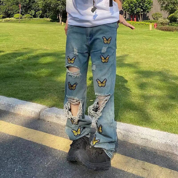 Butterfly Embroidered Torn Jeans For Men-Super Amazing Store