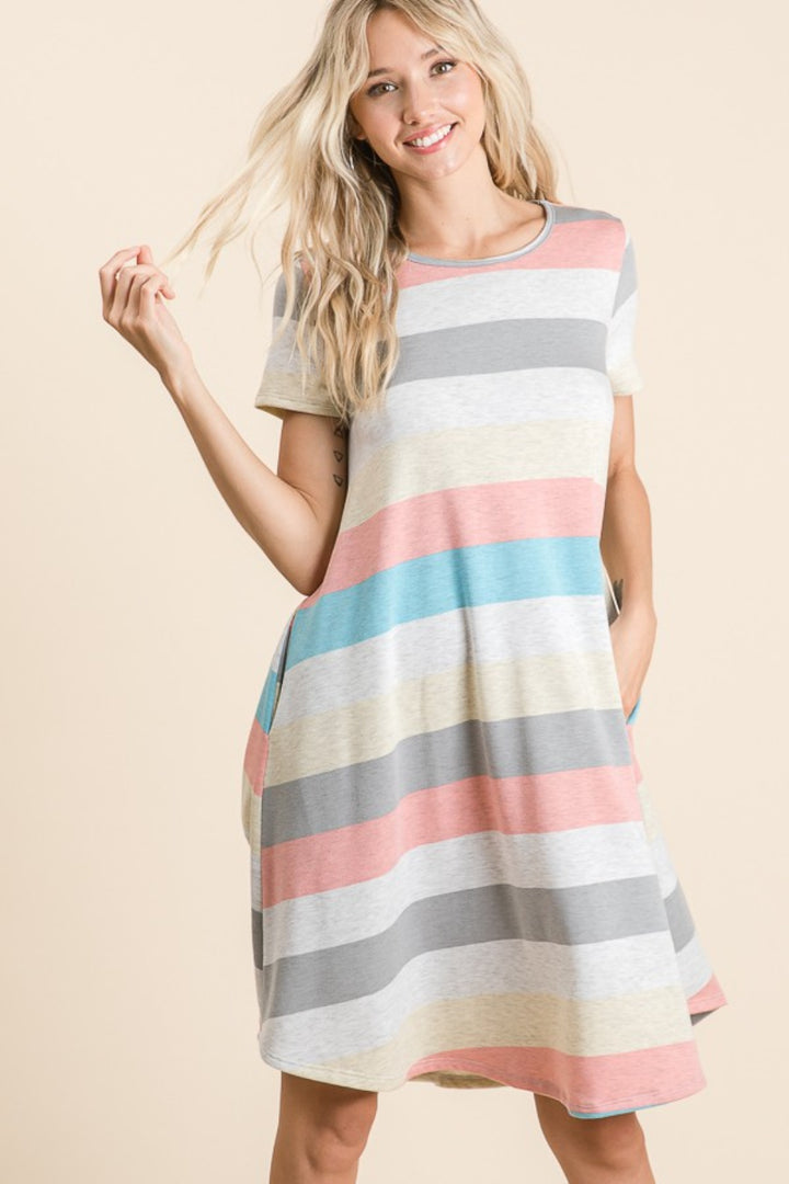 BOMBOM Striped Short Sleeve Dress with Pockets Trendsi