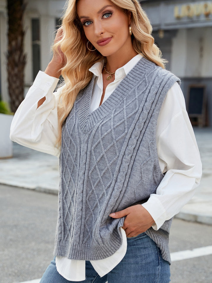 Cable Knit V-Neck Sweater Vest Trendsi