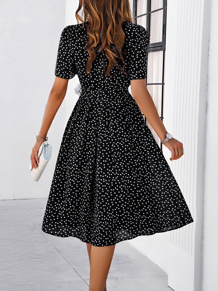 Printed Round Neck Short Sleeve Dress Trendsi