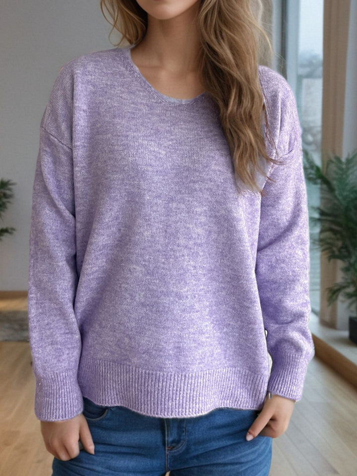 V-Neck Dropped Shoulder Long Sleeve Sweater Trendsi