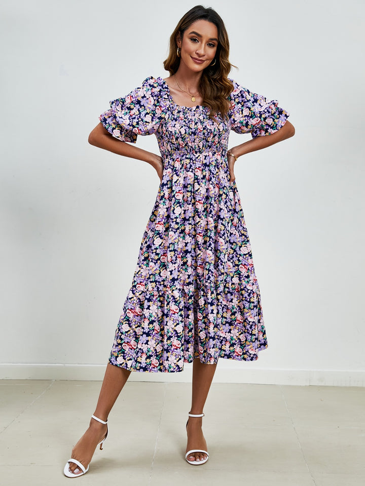 Smocked Floral Square Neck Short Sleeve Dress Trendsi