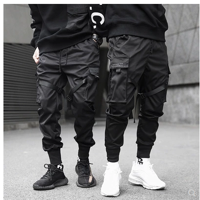 Men Black Hip Hop Cargo Pants Elastic Waist Jogger Trousers Sweatpants Pockets Full Length Casual Fashion-Super Amazing Store