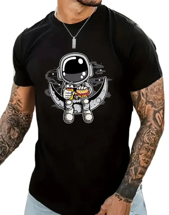 Cartoon Astronaut Pattern T-shirt, Summer Men's Casual Street Style Elastic Round Neck T-shirt Super Amazing Store