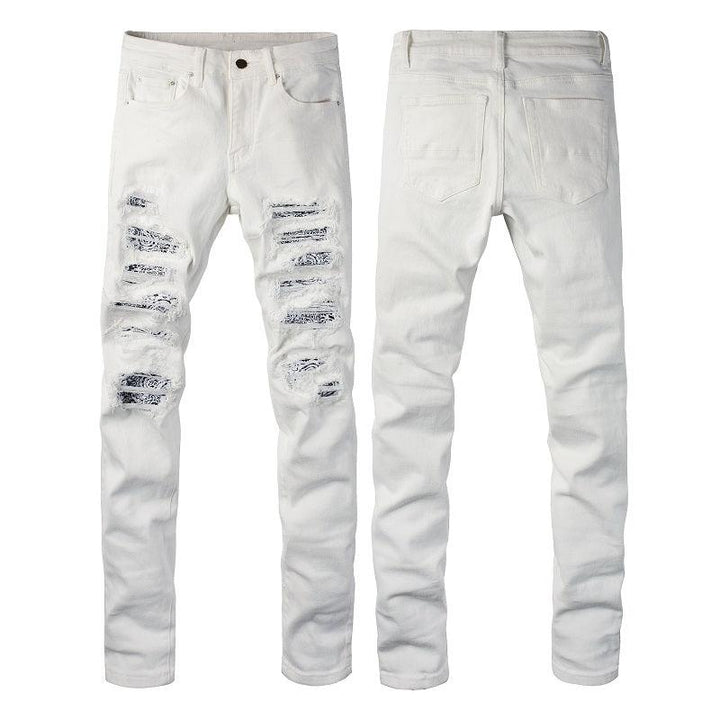 White Cashew Flower Patch Torn Jeans - Super Amazing Store