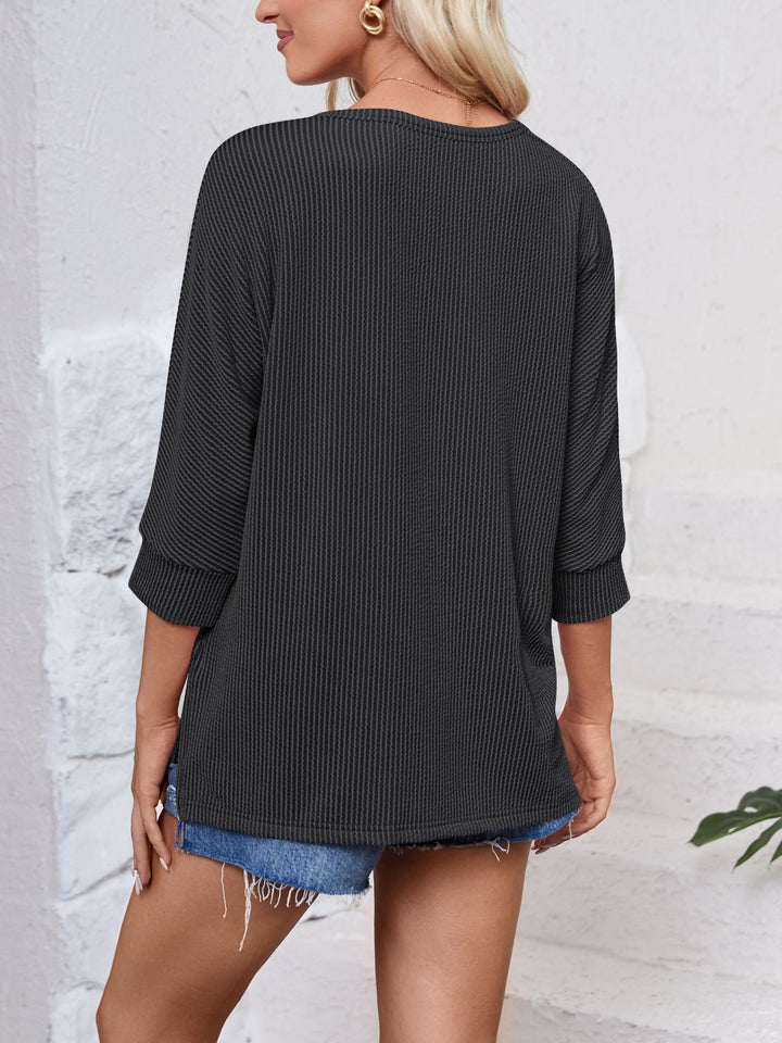 Textured Round Neck Three-Quarter Sleeve Blouse Trendsi