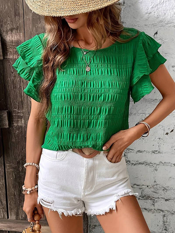 Summer Ruffled Short-sleeved T-shirt Casual Round Neck Pleated Design Top Q2