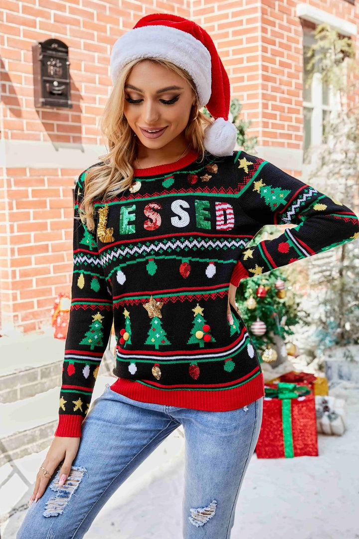 Christmas Print Sequin Round Neck Sweater Trendsi