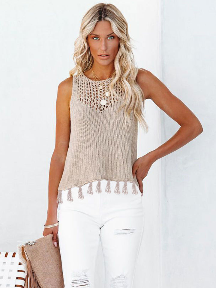 Cutout Tassel Round Neck Tank Trendsi