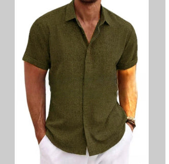 Men's Solid Color Loose Linen Short-sleeved T-shirt Q2