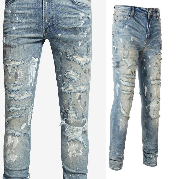 Torn Graffiti Old Wash Stretchy Slim Jeans Men - Super Amazing Store