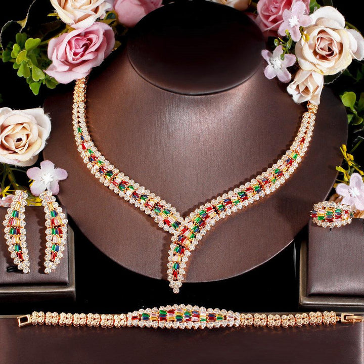 Noble Full Diamond Necklace Earrings Bracelet Ring Four Piece Set - Super Amazing Store