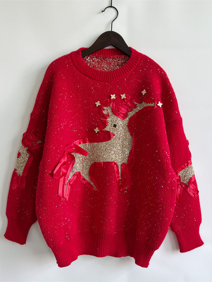 Reindeer Round Neck Long Sleeve Sweater Trendsi