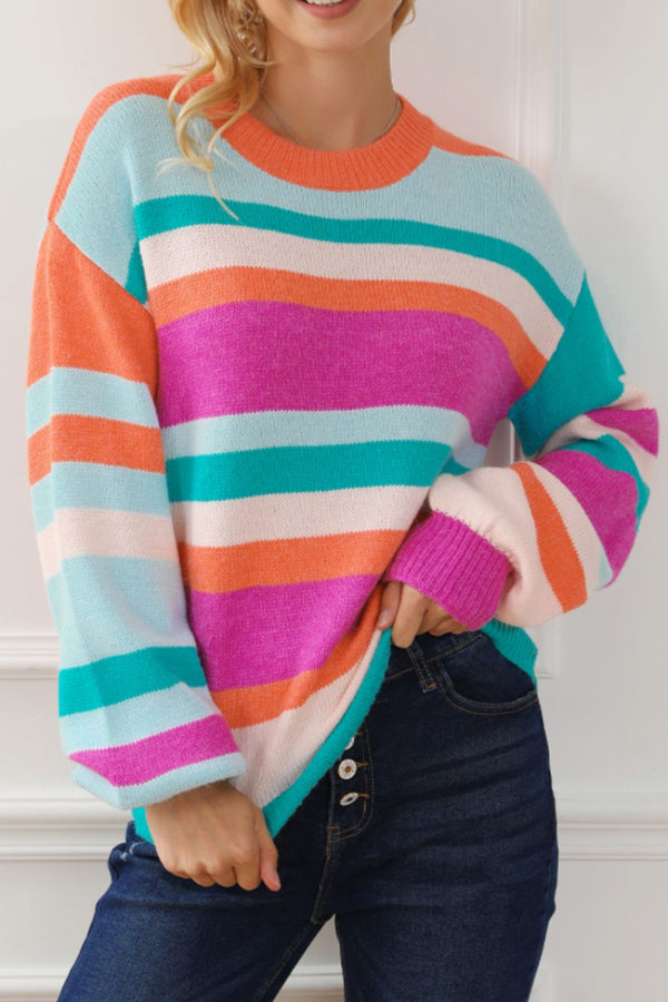 Striped Round Neck Drop Shoulder Sweater Trendsi