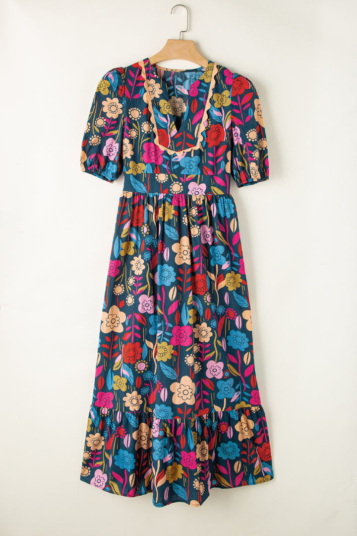 Printed Notched Puff Sleeve Midi Dress Trendsi