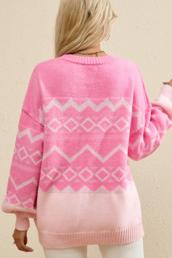 Geometric Drop Shoulder Long Sleeve Sweater Trendsi