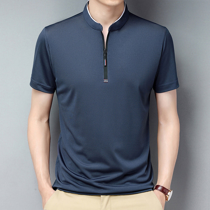 Summer Stand Collar Short Sleeve Men's Half Zipper Solid Color Trendy Casual Men's T-shirt Super Amazing Store