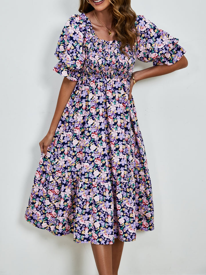 Smocked Floral Square Neck Short Sleeve Dress Trendsi