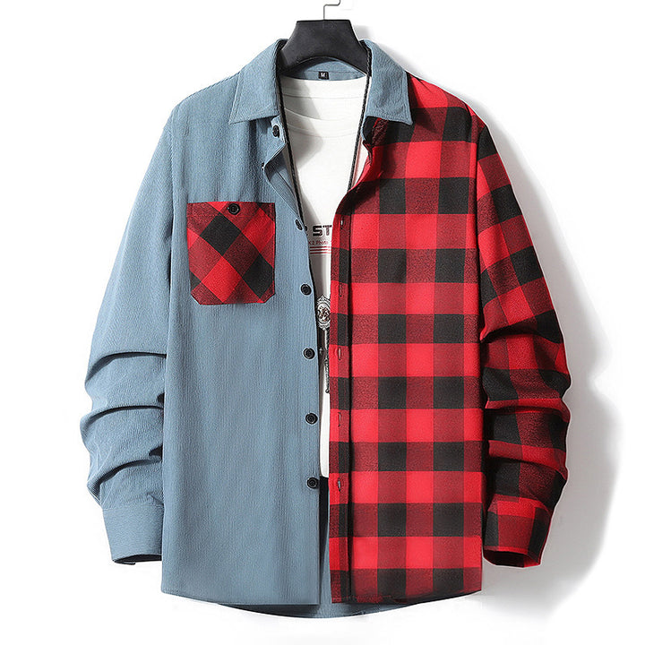 Casual Color-matching Plaid Shirt Autumn And Winter Corduroy Long-sleeved Lapel Shirt Q2