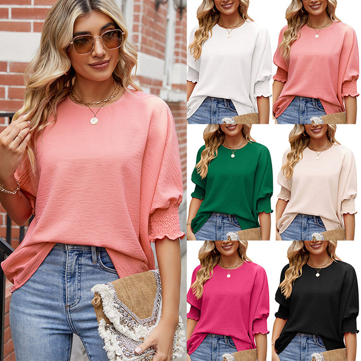 Women's Loose T-shirt With Elastic Sleeves Solid Color Outfit Fashion Tops Clothes - Super Amazing Store