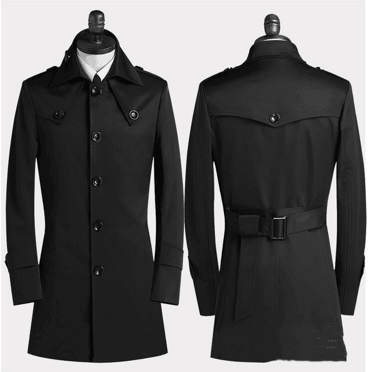 Men's Lapel Trench Coat Korean Version Slim Single Breasted Medium Length Q2