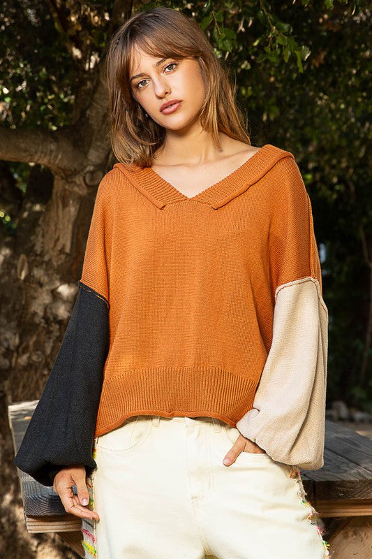 POL Exposed Seam Roll Edge Color Block V Neck Sweater Trendsi