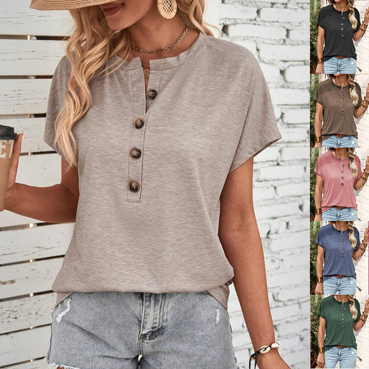 Top Solid Color Button Fashion Short Sleeve T-shirt Women Q2