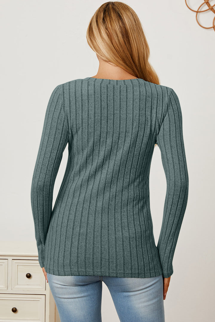 Basic Bae Full Size Ribbed V-Neck Long Sleeve T-Shirt Trendsi