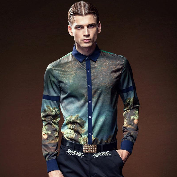 Men's Shirts Fashion Long Sleeve Print Floral Casual Shirt Slim Fit - Super Amazing Store