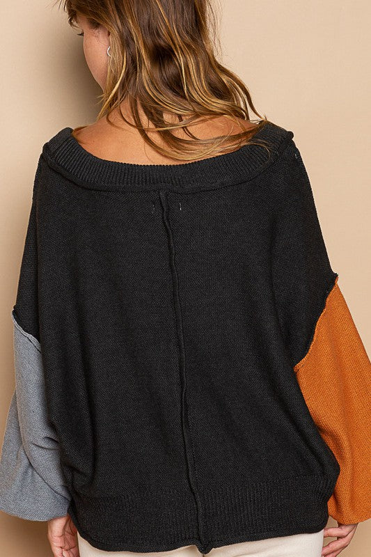 POL Exposed Seam Roll Edge Color Block V Neck Sweater Trendsi