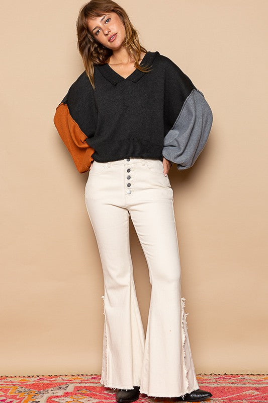 POL Exposed Seam Roll Edge Color Block V Neck Sweater Trendsi