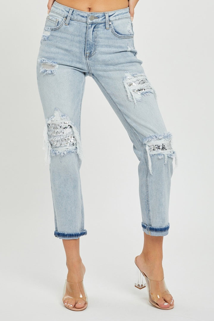 RISEN Mid-Rise Sequin Patched Jeans Trendsi