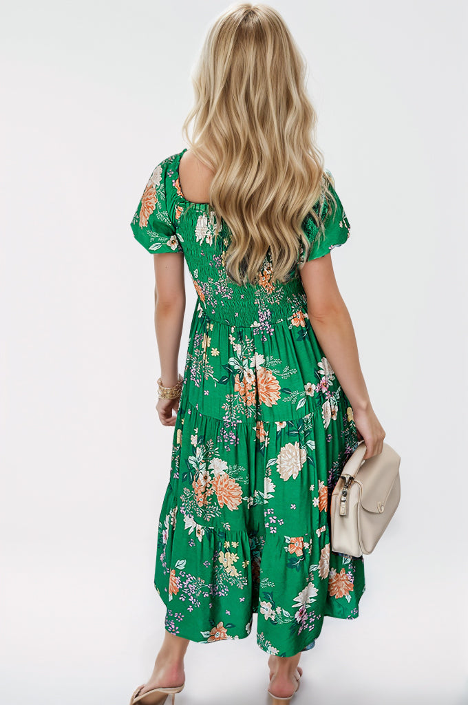 Smocked Printed Puff Sleeve Midi Dress Trendsi