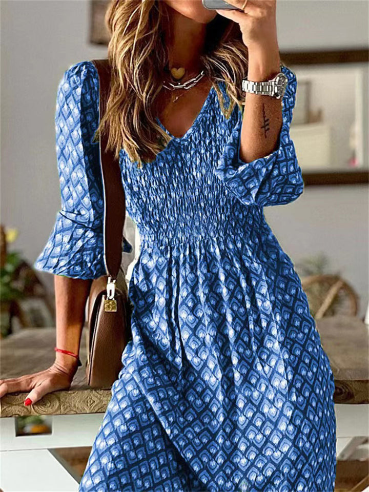 Smocked Printed V-Neck Midi Dress Trendsi