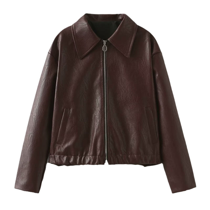 Solid Color Lapel Zipper Jacket Fashion Casual Long Sleeve Leather Coat Tops Q2