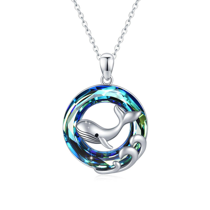 Whale Necklace for Women925 Sterling Silver Round Circle Crystal Cute Animal Whale Wave Pendant Necklaces Ocean Jewelry Gift for Women Girl - Super Amazing Store