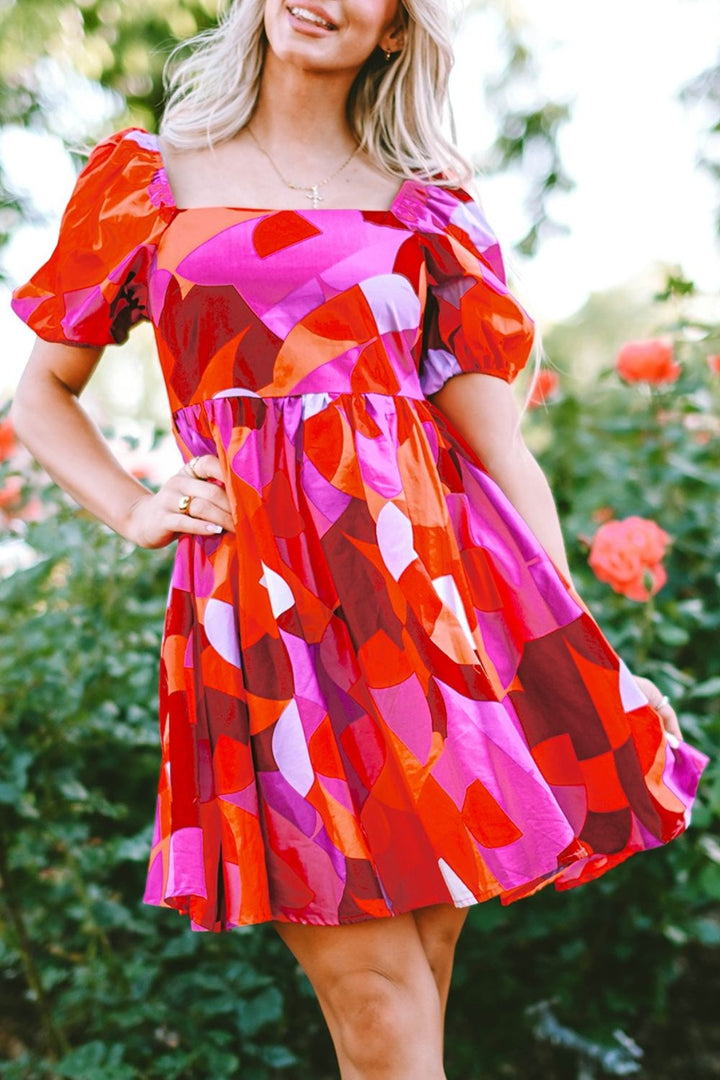 Printed Square Neck Puff Sleeve Dress Trendsi