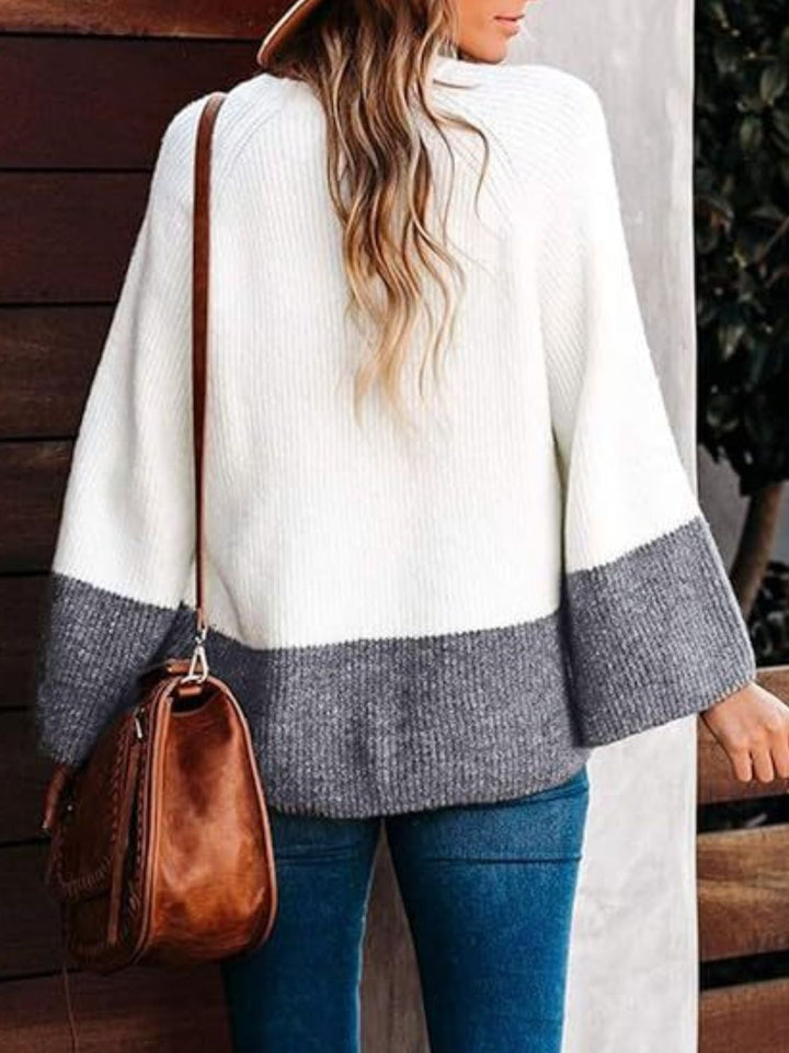 Contrast Round Neck Long Sleeve Sweater Trendsi