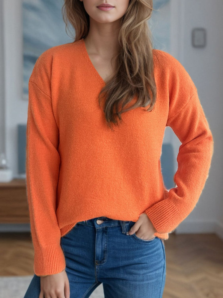 V-Neck Dropped Shoulder Long Sleeve Sweater Trendsi