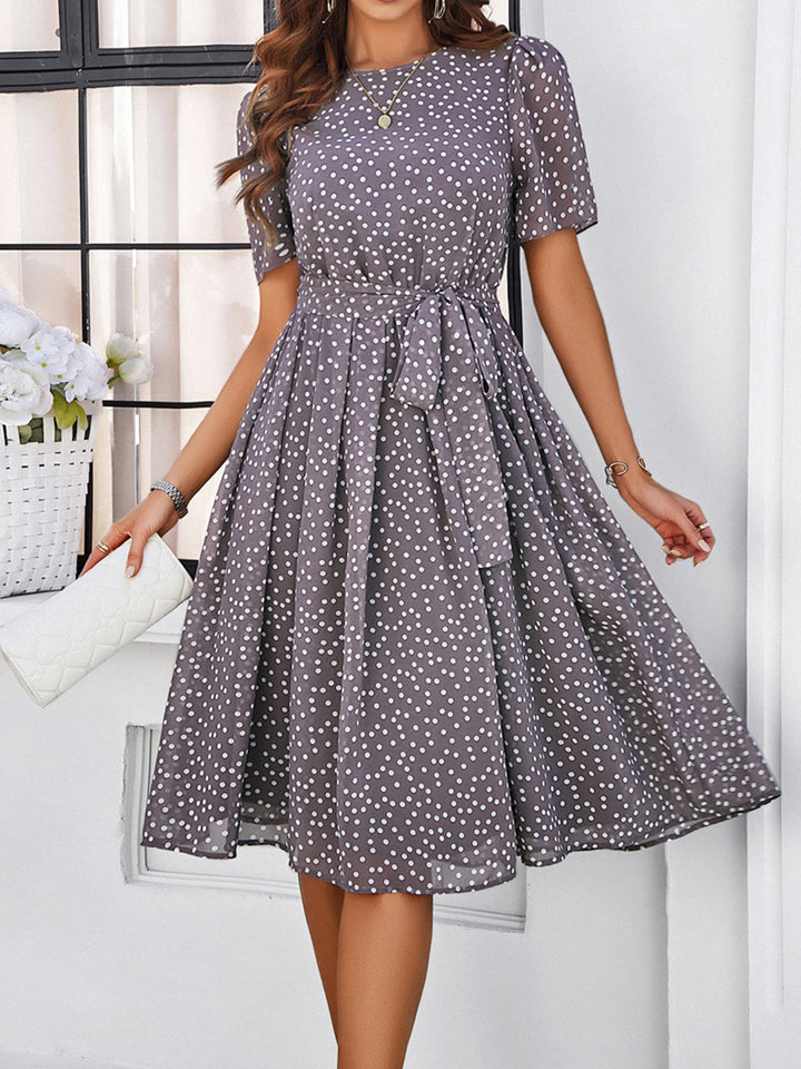 Printed Round Neck Short Sleeve Dress Trendsi