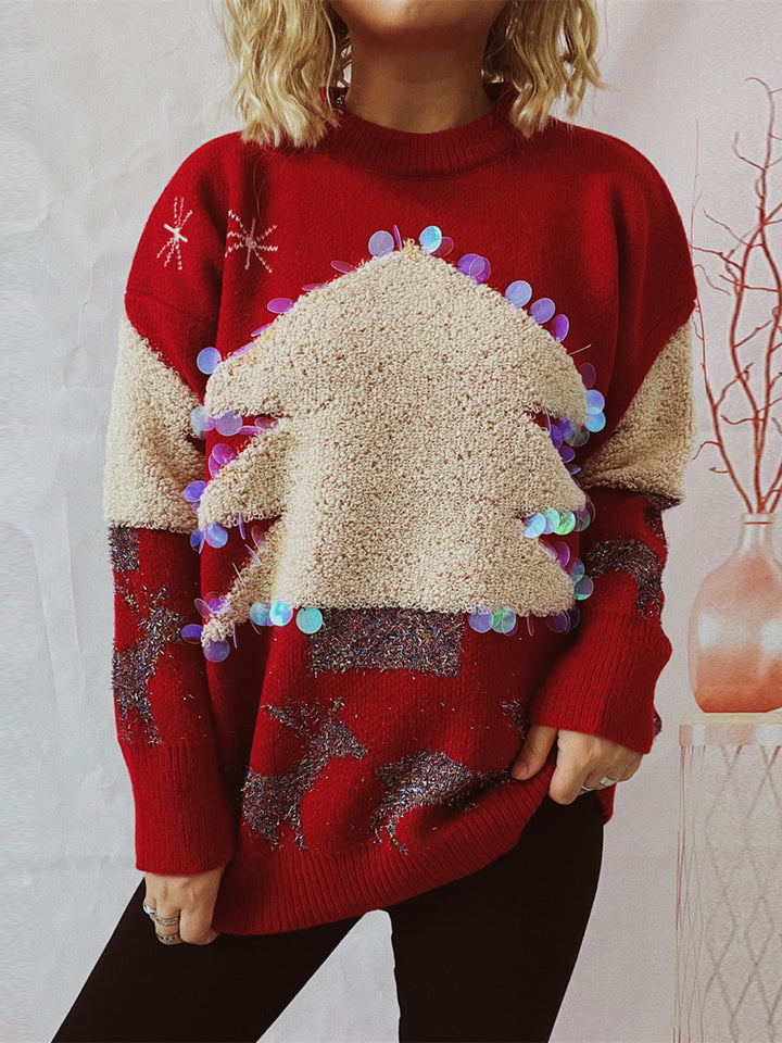 Sequin Christmas Tree & Reindeer Round Neck Sweater Trendsi