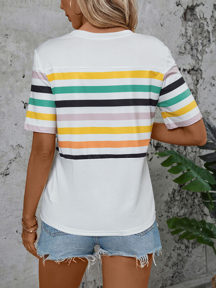 Striped Round Neck Short Sleeve T-Shirt Trendsi