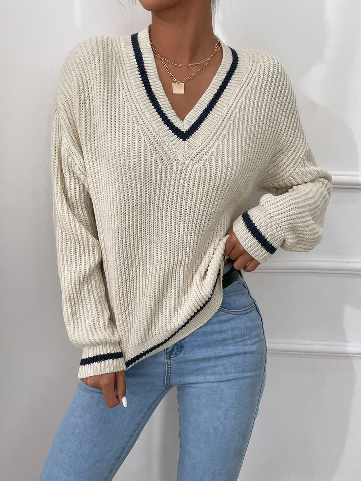 Winter Women's Knit V Neck Sweaters Casual Long Sleeve Striped Pullover Sweater - Super Amazing Store