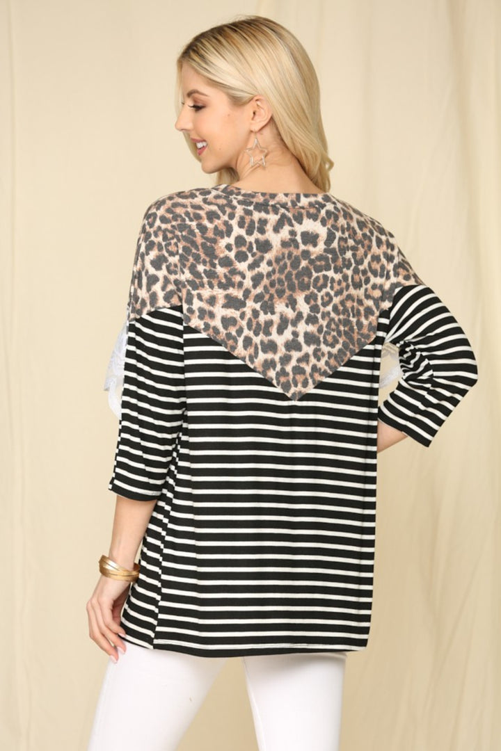 Celeste Full Size Leopard Spliced Stripe T-Shirt with Lace Detail Trendsi