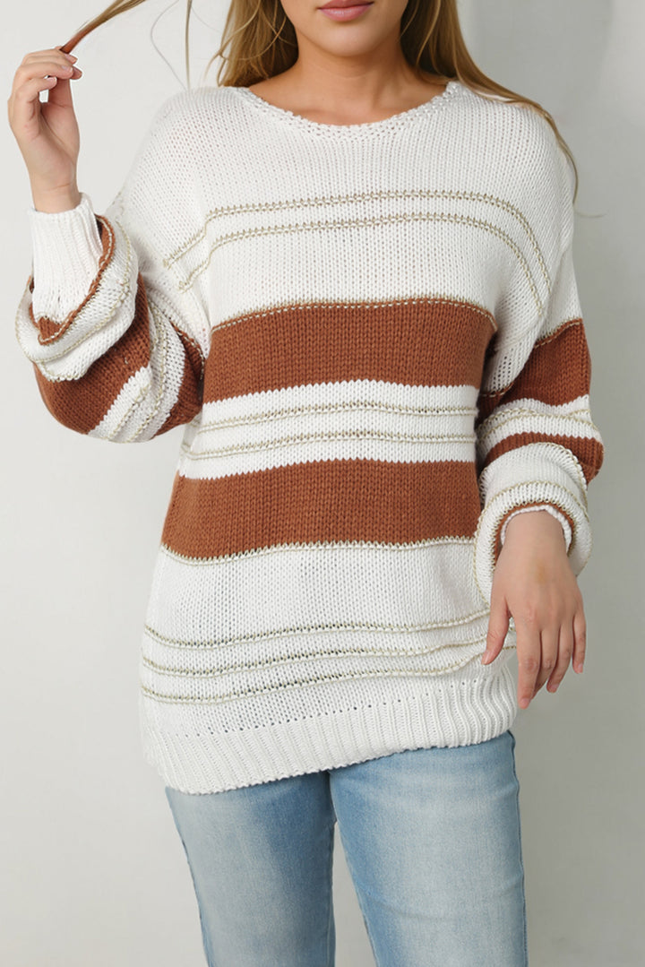 Striped Round Neck Dropped Shoulder Sweater Trendsi