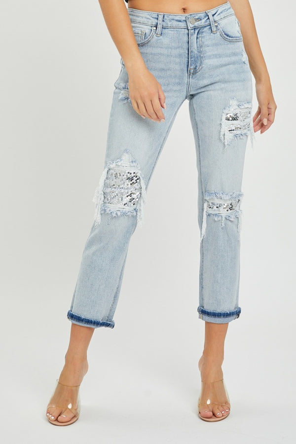 RISEN Mid-Rise Sequin Patched Jeans Trendsi