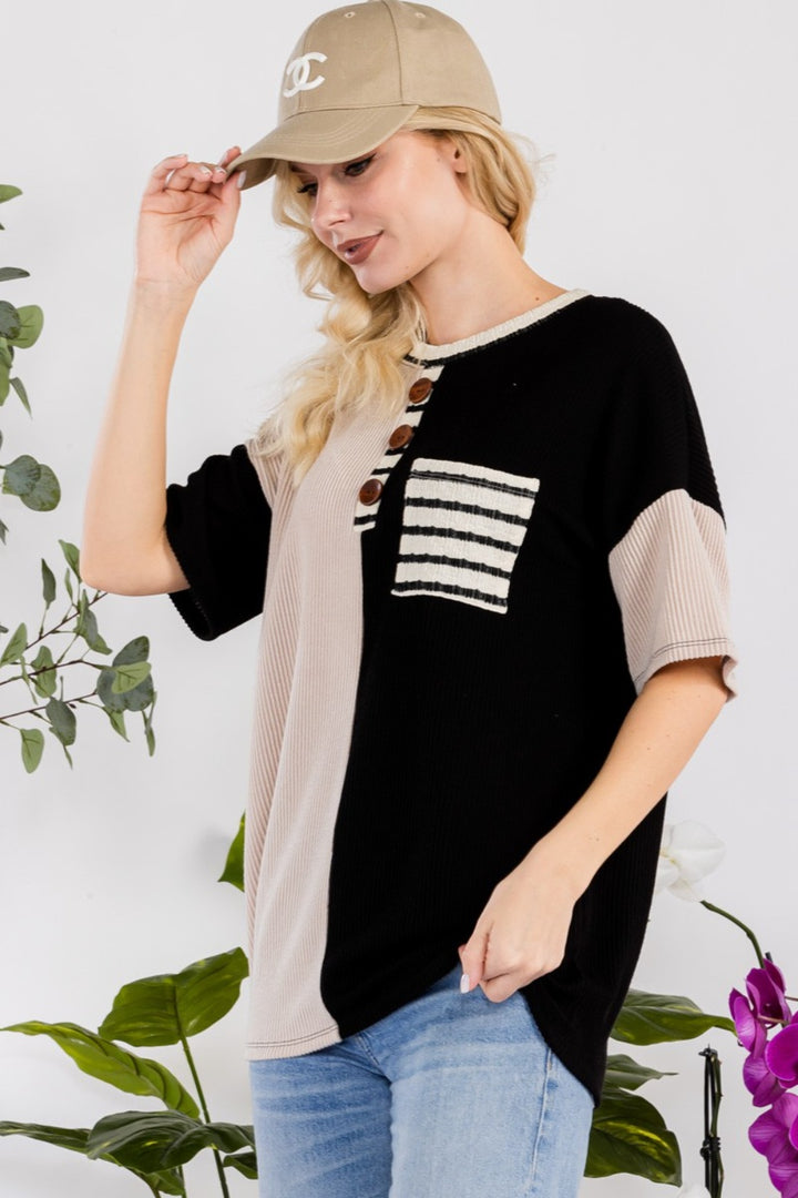 Celeste Full Size Rib Contrast Short Sleeve T-Shirt Trendsi